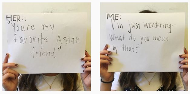 Woman holding two papers, one reading "Her: "You're my favorite Asian friend."" and the other reading "Me: "I'm just wondering, what do you mean by that?""